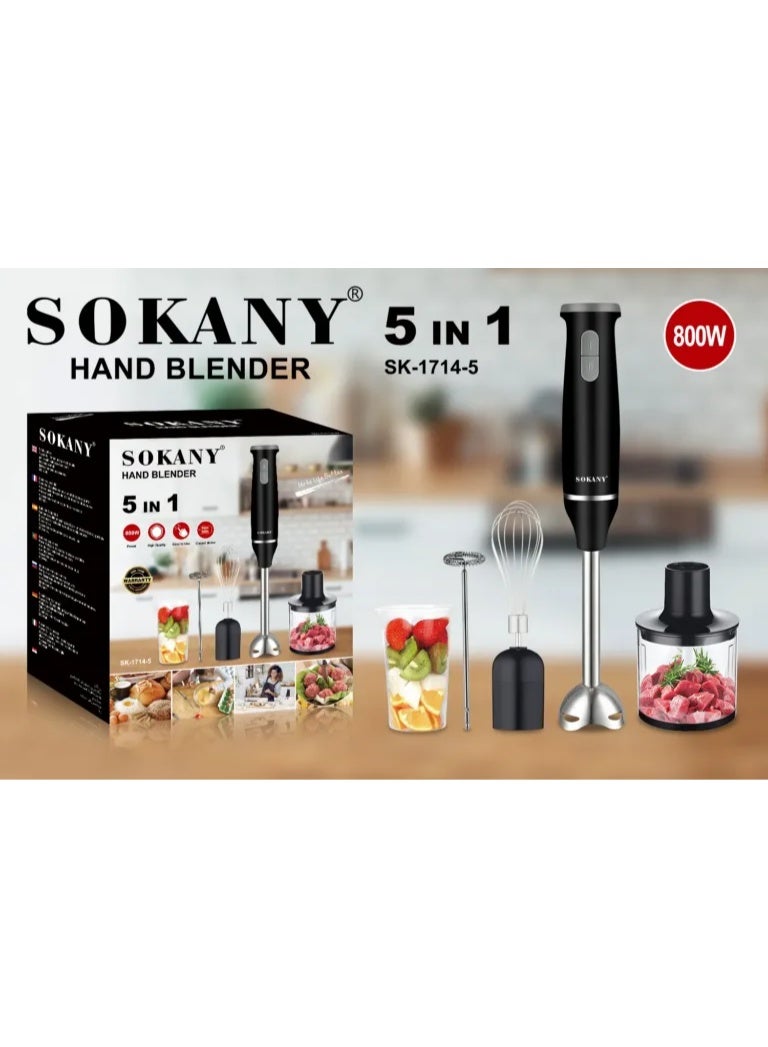 Sokany SK-1714-5 5-in-1 Hand Blender Set, 800W High Power – Stainless Steel Shaft with Chopper, Whisk, Milk Frother & Beaker – Black - Image 4