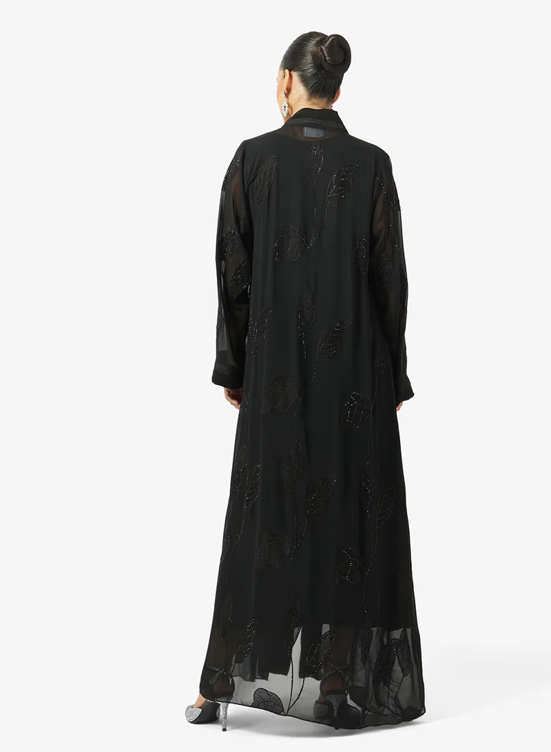 hayas closet Floral Embroidered And Embellished Open Front High Neck Abaya