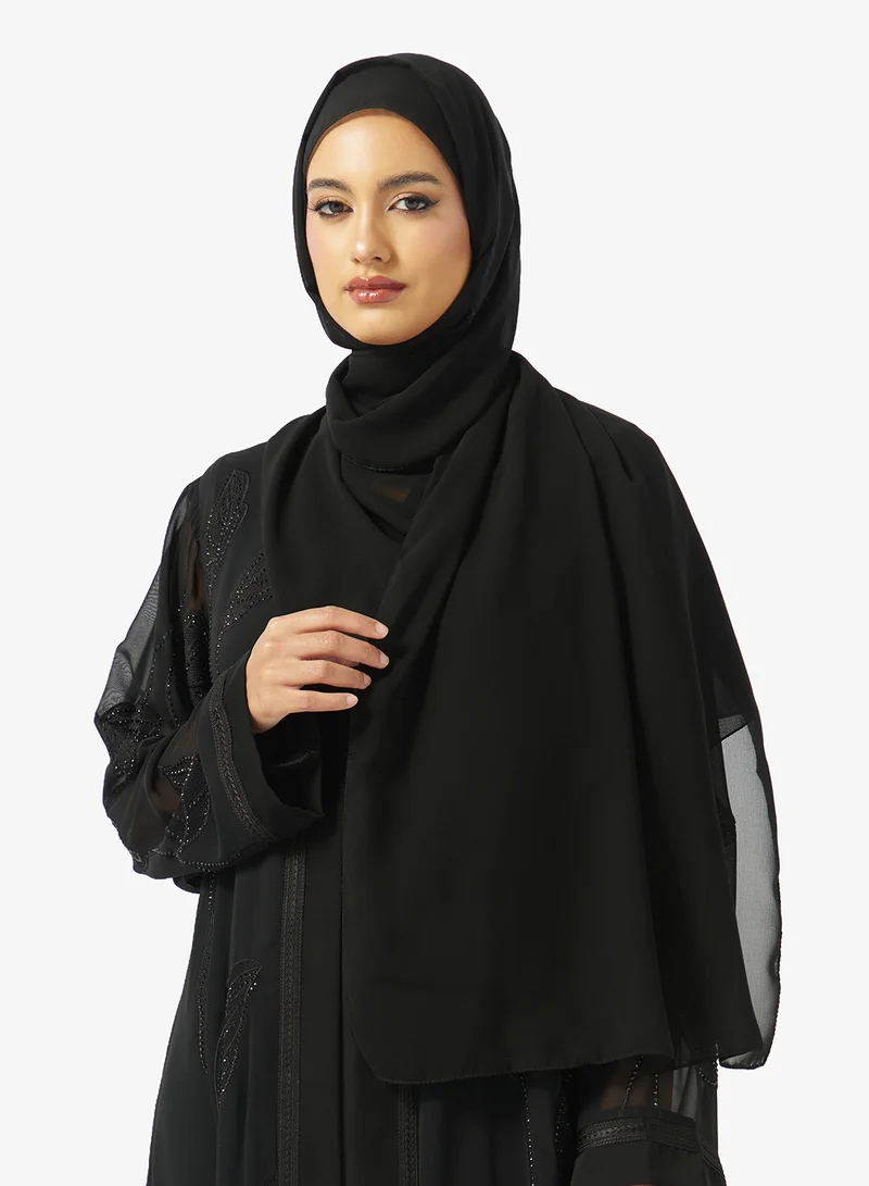 hayas closet  Floral Embroidered And Embellished Open Front High Neck Abaya for Women | Best Price UAE