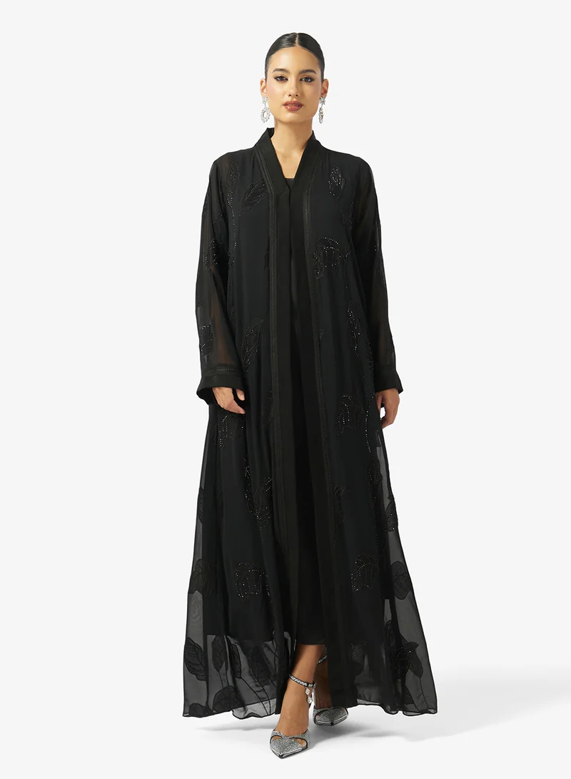 hayas closet  Floral Embroidered And Embellished Open Front High Neck Abaya for Women | Best Price UAE