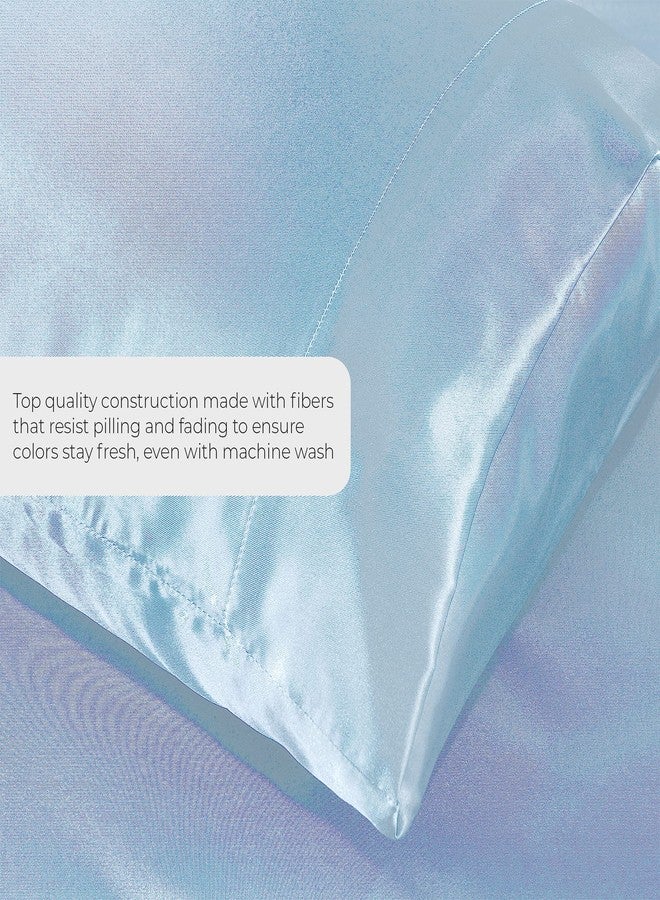 Pure Bedding ملاءات سرير ساتان فاخرة من بيور بيدينج - ملاءات سرير حريرية فائقة النعومة مصنوعة من 1800 خيط من الألياف الدقيقة، مقاومة للتجاعيد والبهتان والبقع - ملاءة مسطحة مثبتة بجيب عميق، أغطية وسائد (4 قطع، أزرق فاتح) - Image 3