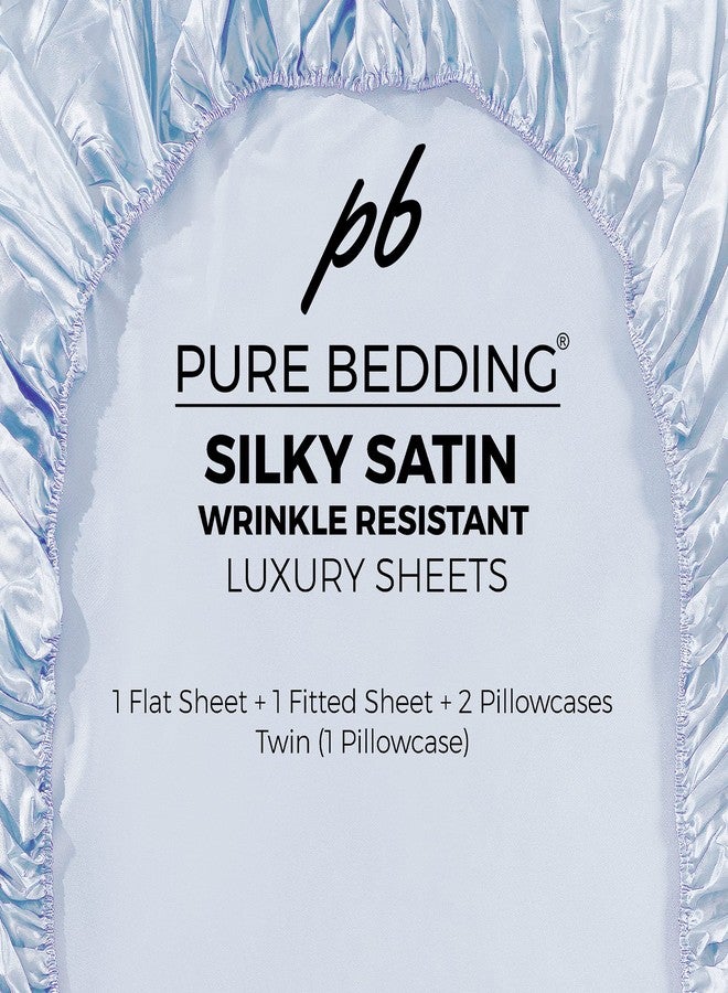 Pure Bedding ملاءات سرير ساتان فاخرة من بيور بيدينج - ملاءات سرير حريرية فائقة النعومة مصنوعة من 1800 خيط من الألياف الدقيقة، مقاومة للتجاعيد والبهتان والبقع - ملاءة مسطحة مثبتة بجيب عميق، أغطية وسائد (4 قطع، أزرق فاتح) - Image 5
