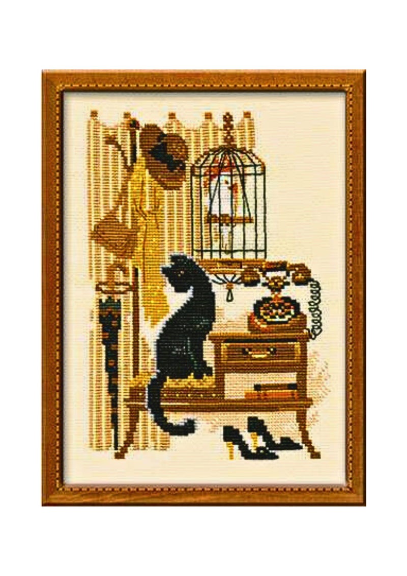 RIOLIS - Cat with Telephone 860, Cat Lovers Cat Cross Stitch Kits 7" x 9Â½", Cross Stitch Kits for Beginners & Advanced, Crossstitching Kits Adult, Counted Stitching Kits, Cat Embroidery Kit