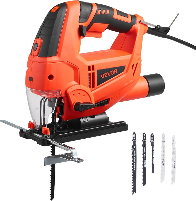 Light sturdy raw material VEVOR 6.5 Amp Corded Jig Saw, 7/8" Jigsaw Tool for Woodworking, 3000 SPM & 6 Variable Speed, 0-45° Bevel Cuts, LED Light, 6 Blades, 4 Orbital Settings for Straight/Curve/Circle Cutting Quick available purchase options - Image 1