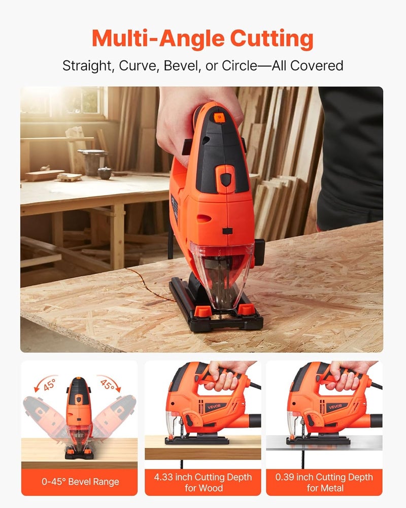 Light sturdy raw material VEVOR 6.5 Amp Corded Jig Saw, 7/8" Jigsaw Tool for Woodworking, 3000 SPM & 6 Variable Speed, 0-45° Bevel Cuts, LED Light, 6 Blades, 4 Orbital Settings for Straight/Curve/Circle Cutting Quick available purchase options - Image 3