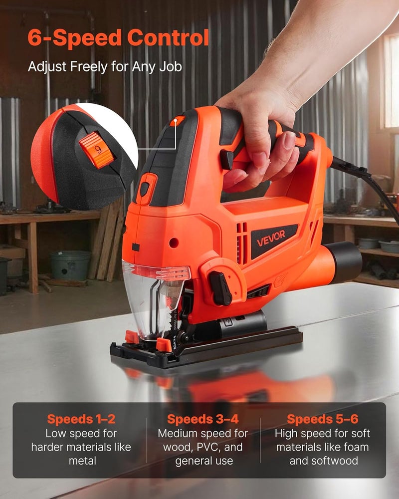 Light sturdy raw material VEVOR 6.5 Amp Corded Jig Saw, 7/8" Jigsaw Tool for Woodworking, 3000 SPM & 6 Variable Speed, 0-45° Bevel Cuts, LED Light, 6 Blades, 4 Orbital Settings for Straight/Curve/Circle Cutting Quick available purchase options - Image 5