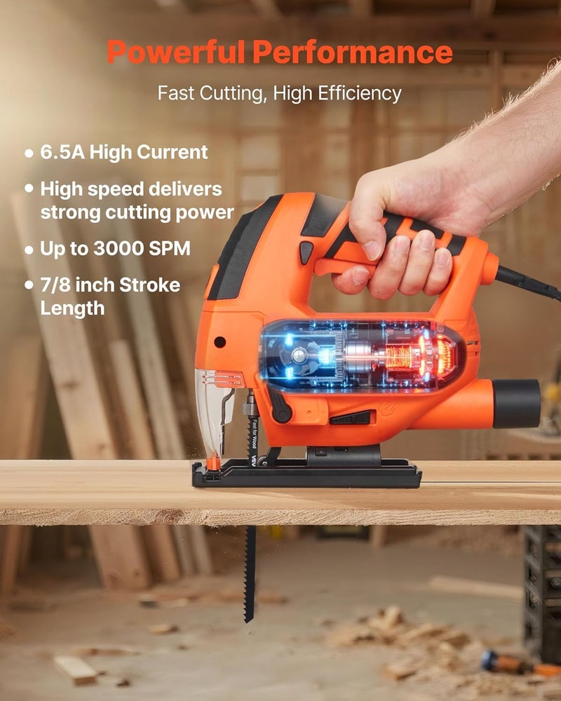 Light sturdy raw material VEVOR 6.5 Amp Corded Jig Saw, 7/8" Jigsaw Tool for Woodworking, 3000 SPM & 6 Variable Speed, 0-45° Bevel Cuts, LED Light, 6 Blades, 4 Orbital Settings for Straight/Curve/Circle Cutting Quick available purchase options - Image 2