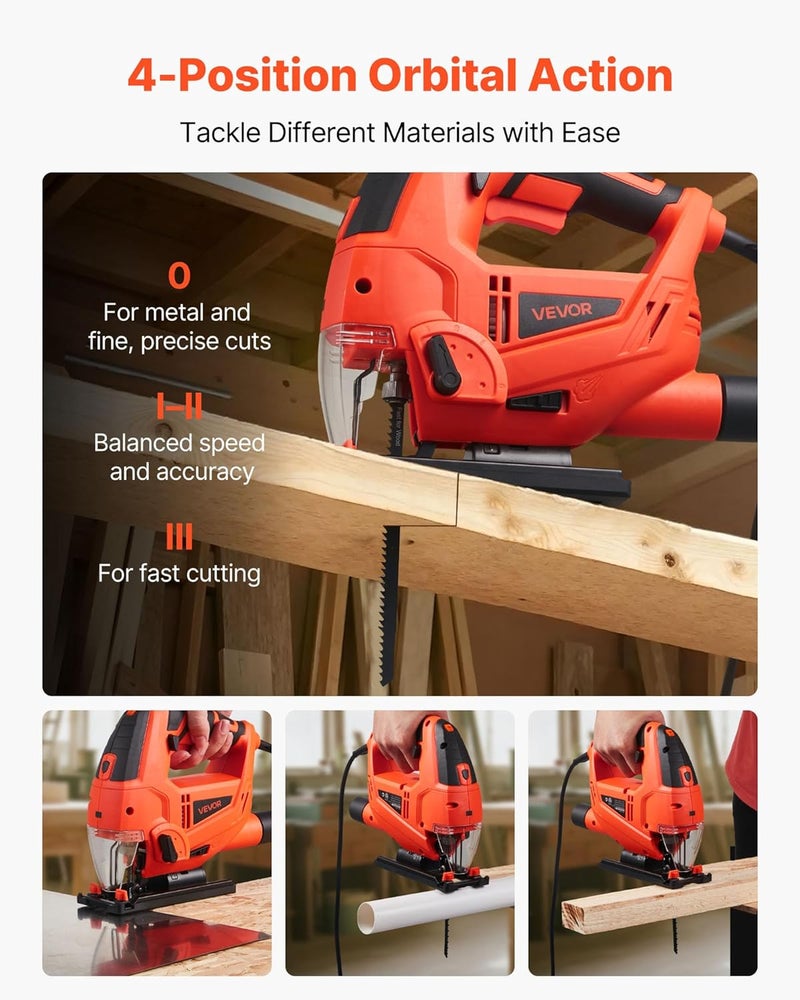 Light sturdy raw material VEVOR 6.5 Amp Corded Jig Saw, 7/8" Jigsaw Tool for Woodworking, 3000 SPM & 6 Variable Speed, 0-45° Bevel Cuts, LED Light, 6 Blades, 4 Orbital Settings for Straight/Curve/Circle Cutting Quick available purchase options - Image 4