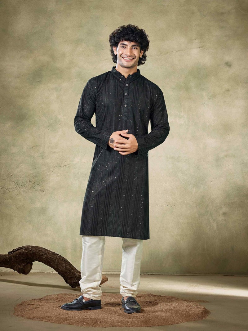Vardha Men's Viscose Midnight Black Kurta Linear Sequin Pattern Stitched Fit Kurta's for men, Size - M - Image 2