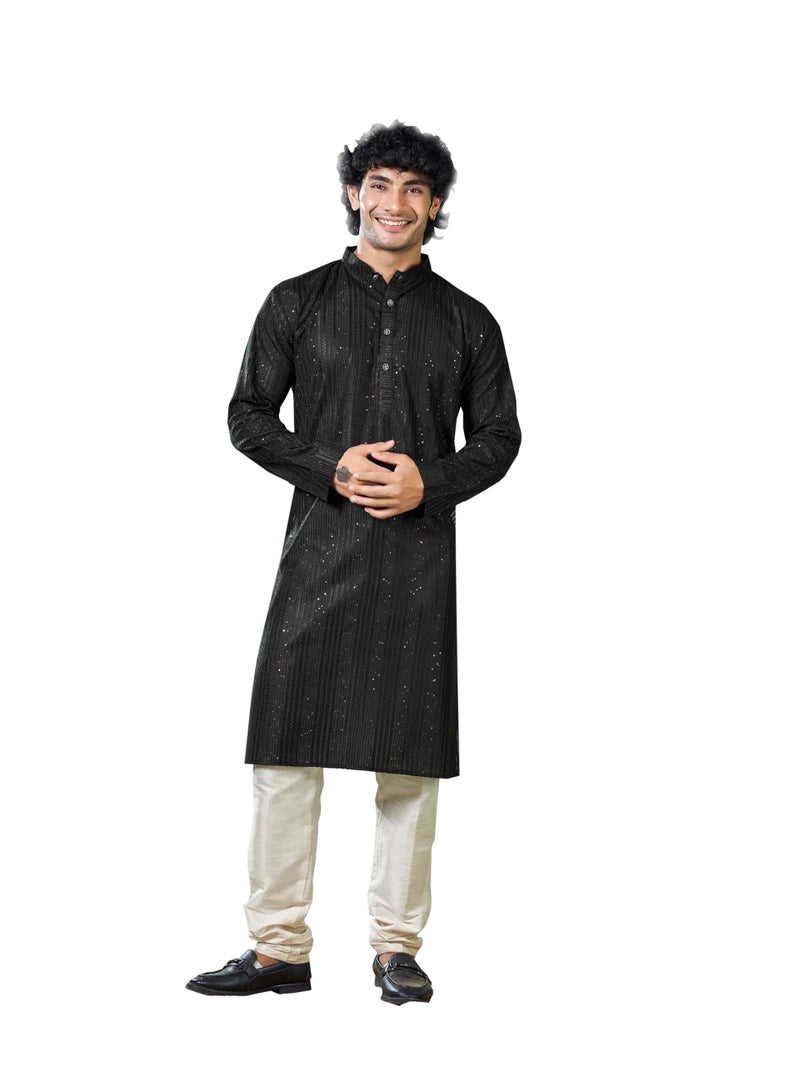 Vardha Men's Viscose Midnight Black Kurta Linear Sequin Pattern Stitched Fit Kurta's for men, Size - M - Image 1