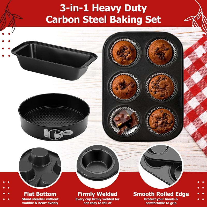 Casa Azul 3Pcs NonStick Bakeware Cake Tin Set Muffin Tray Bread Mould Round Cake Mould for Baking BPA Free HeavyDuty Carbon Steel Baking Pan Microwave OTG Oven Safe Cake Mould for Baking - Image 2