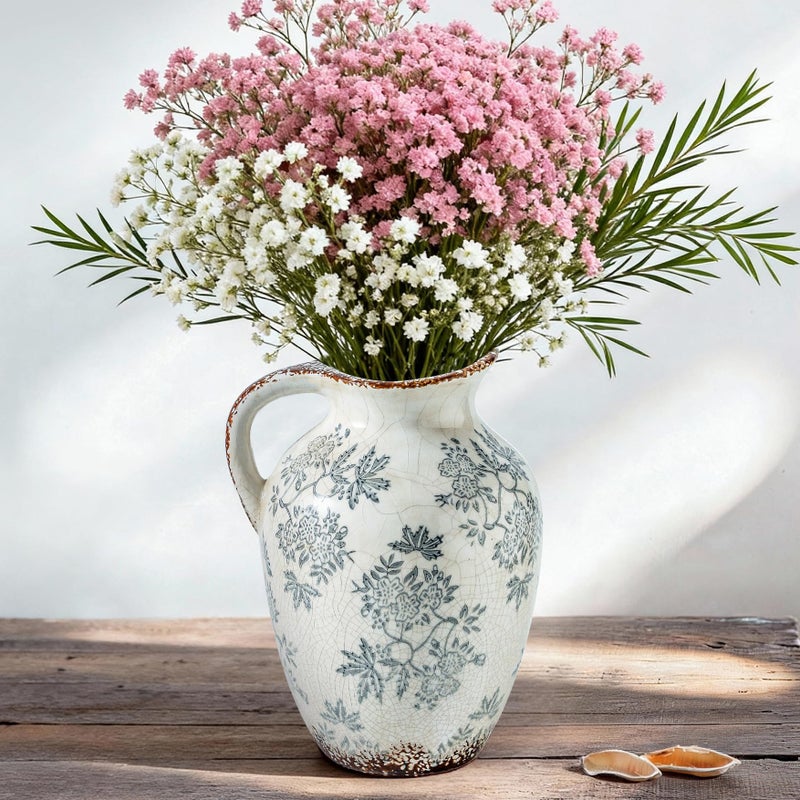 Enra Vintage vase with Handle,Blue and White Ceramic Decorative Flower vase, Vintage Pitcher,Large Rustic Vases for Home Decors, Living Room, Bookshelf, Officeï¼Œ9.7 inch - Image 1