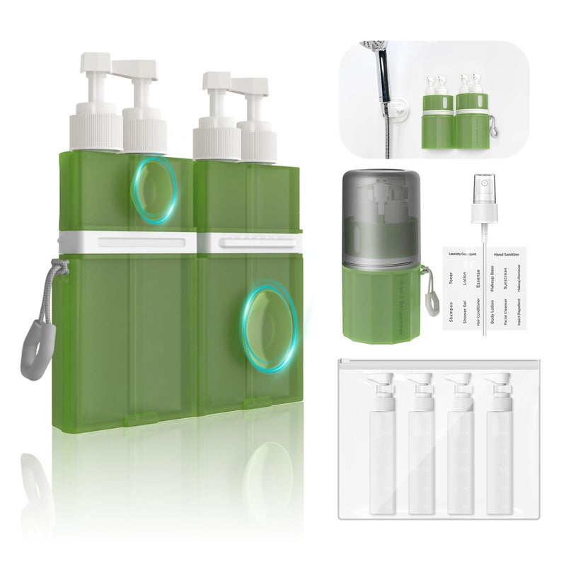 YOTIME 4 in 1 Travel Dispenser Bottle, Vacuum Silicone Suction Cup for Smooth Walls, TSA Approved Leak Proof Travel Size Containers for Toiletries, Shampoo, Body Wash and Conditioner, Green - Image 1