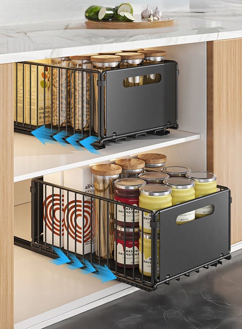 2-Pieces No Drill Metal Pull-Out Cabinet Drawer Shelf Organizer, Slide Out Drawer Storage Shelves, Kitchen Storage Rack, Roll-Out Sliding Drawer, Sliding Under Sink storage with Silent Slide