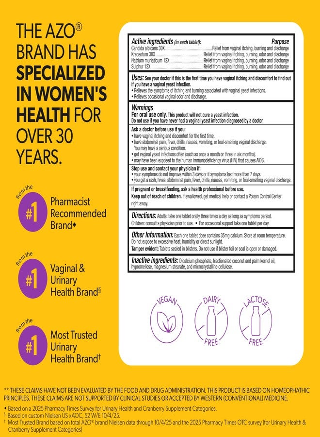 AZO Yeast Plus Dual Homeopathic Yeast Infection Symptom Relief for Women–Vaginal Itching & Burning + Odor & Discharge, Intimate Health Tablets, 2 Pack (60 Count x2), from the #1 Vaginal Health Brand! - Image 3
