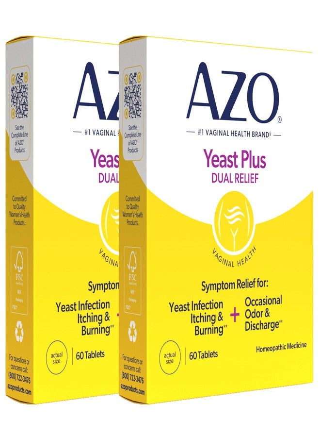 AZO Yeast Plus Dual Homeopathic Yeast Infection Symptom Relief for Women–Vaginal Itching & Burning + Odor & Discharge, Intimate Health Tablets, 2 Pack (60 Count x2), from the #1 Vaginal Health Brand! - Image 1
