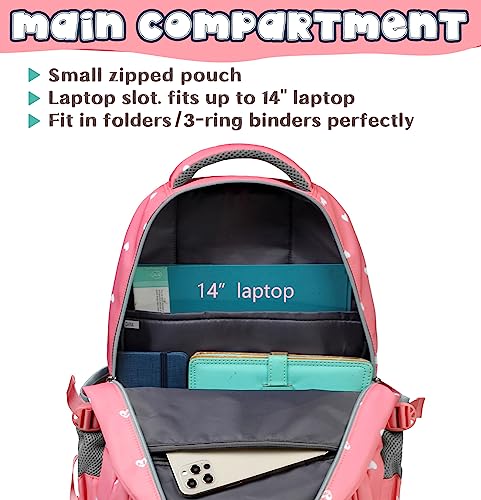 BLUEFAIRY Lightweight Water Resistant Backpack for Girls, Pink, 5-9 Years, Laptop Compartment, Adjustable Shoulder Straps, Breathable Mesh - Image 4