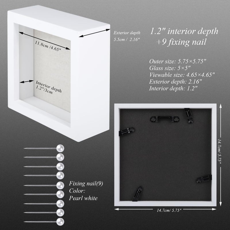 1DOT2 5x5 Small Shadow Box Frame Display Case  Grade A Natural Pine Wood HD Glass Front Soft Linen Back  1.2 inches Interior Depth-White - Image 3