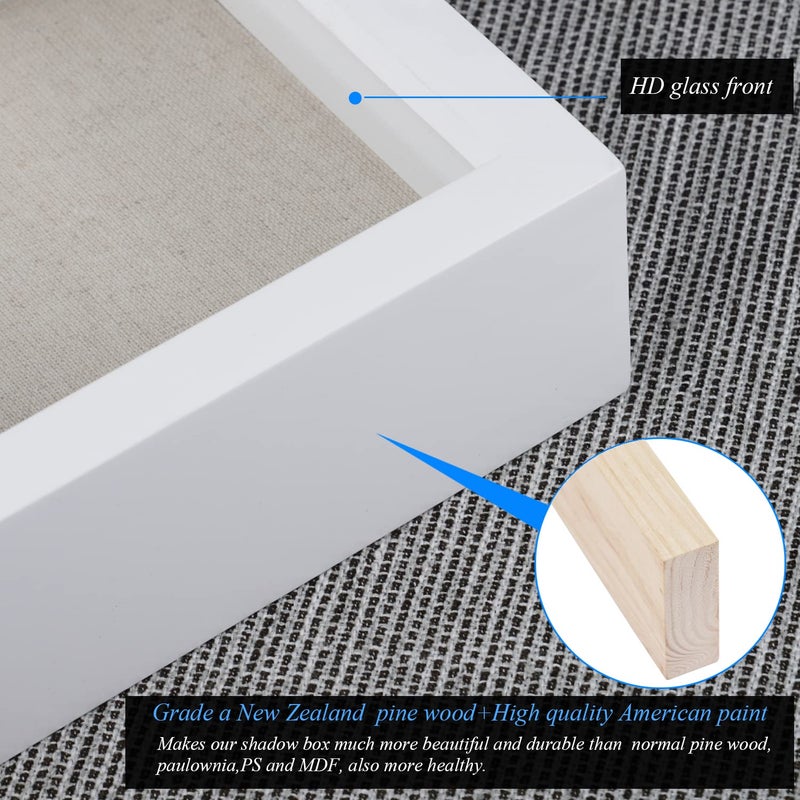 1DOT2 5x5 Small Shadow Box Frame Display Case  Grade A Natural Pine Wood HD Glass Front Soft Linen Back  1.2 inches Interior Depth-White - Image 2