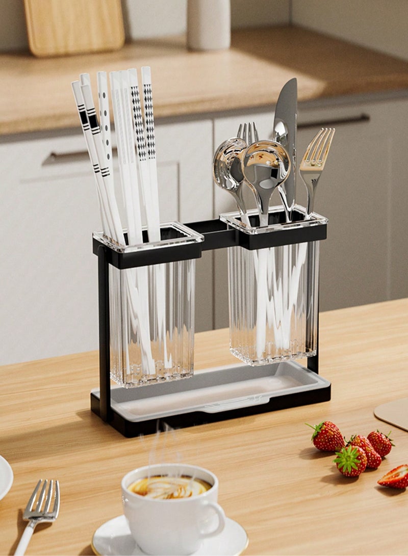Black Countertop Chopstick Storage Box – Multifunctional Tableware Organizer with Water Tray – Space-Saving Drying Rack for Chopsticks, Spoons & Forks – Sleek Double-Cup Design for Efficient Kitchen Storage – Ideal for Modern Homes  - Image 1