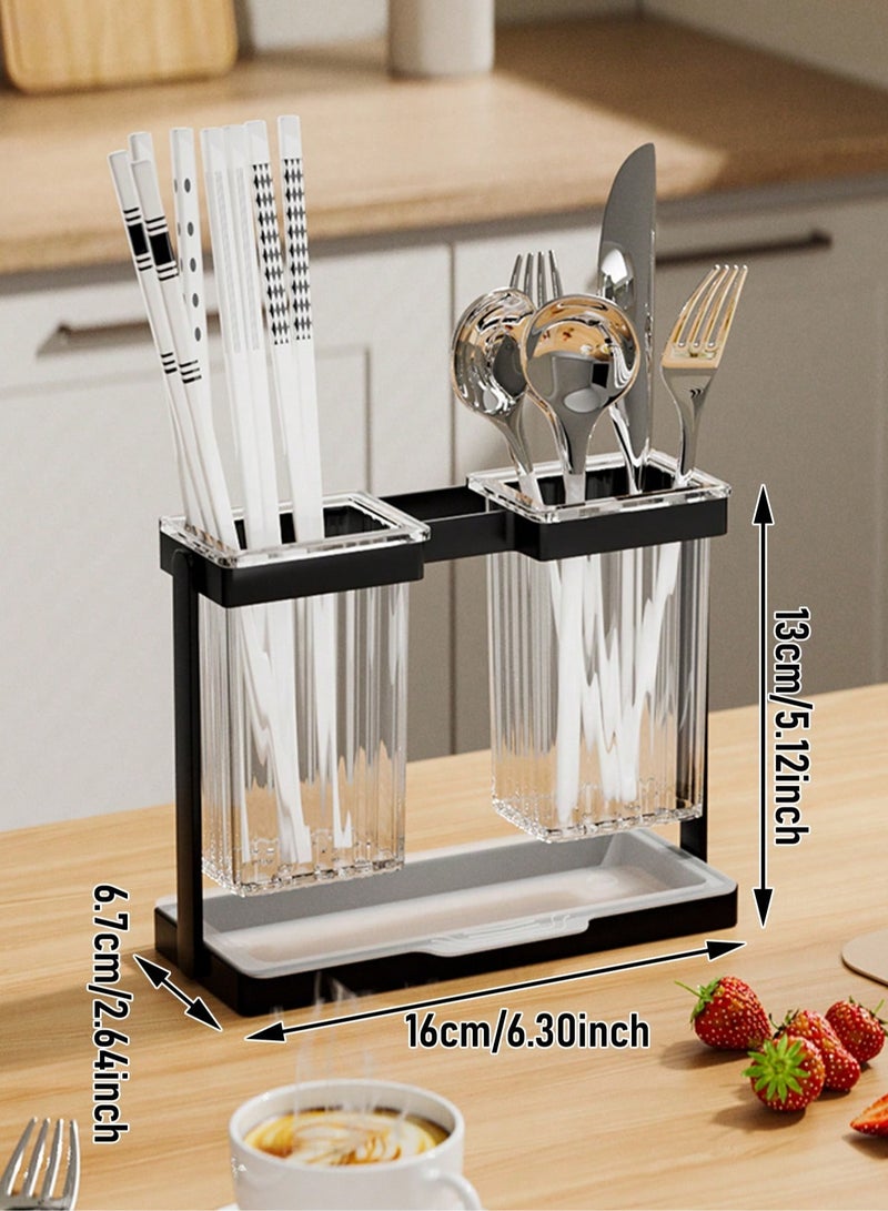 Black Countertop Chopstick Storage Box – Multifunctional Tableware Organizer with Water Tray – Space-Saving Drying Rack for Chopsticks, Spoons & Forks – Sleek Double-Cup Design for Efficient Kitchen Storage – Ideal for Modern Homes  - Image 4