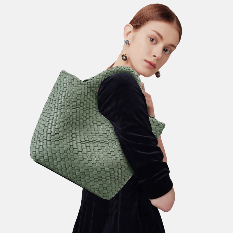 Queenoris Woven Bag for Women, Vegan Leather Tote Bag Large Summer Beach Travel Handbag and Purse Retro Handmade Shoulder Bag (Bean Green) - Image 2
