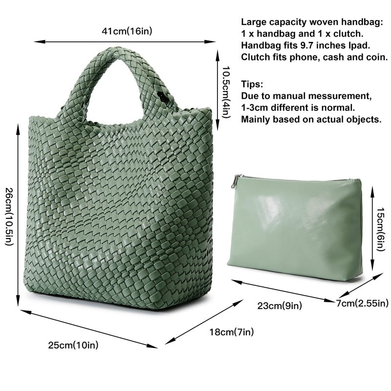 Queenoris Woven Bag for Women, Vegan Leather Tote Bag Large Summer Beach Travel Handbag and Purse Retro Handmade Shoulder Bag (Bean Green) - Image 3