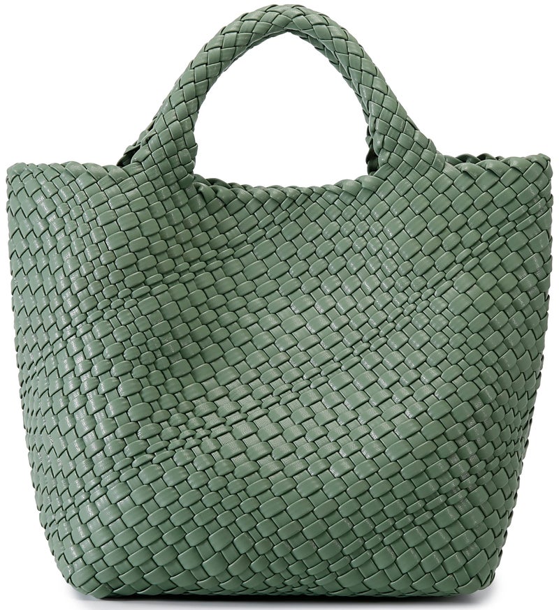 Queenoris Woven Bag for Women, Vegan Leather Tote Bag Large Summer Beach Travel Handbag and Purse Retro Handmade Shoulder Bag (Bean Green) - Image 1