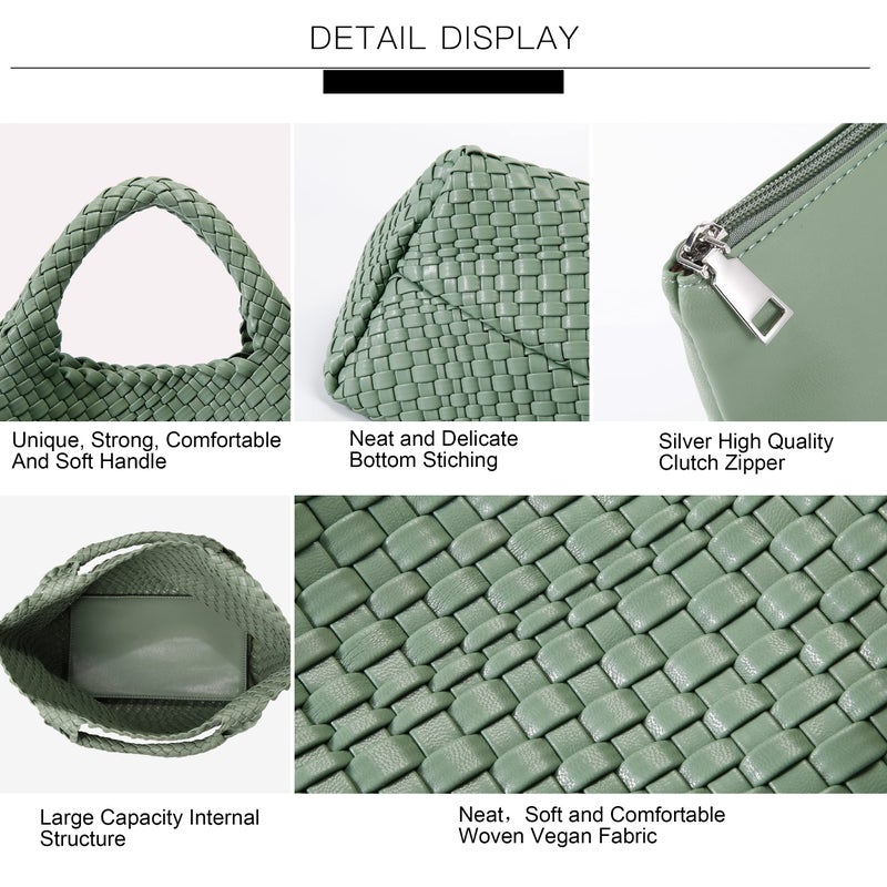 Queenoris Woven Bag for Women, Vegan Leather Tote Bag Large Summer Beach Travel Handbag and Purse Retro Handmade Shoulder Bag (Bean Green) - Image 5
