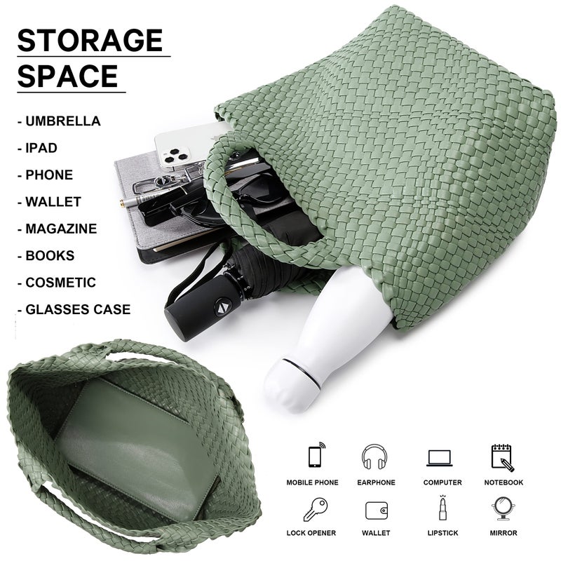 Queenoris Woven Bag for Women, Vegan Leather Tote Bag Large Summer Beach Travel Handbag and Purse Retro Handmade Shoulder Bag (Bean Green) - Image 4
