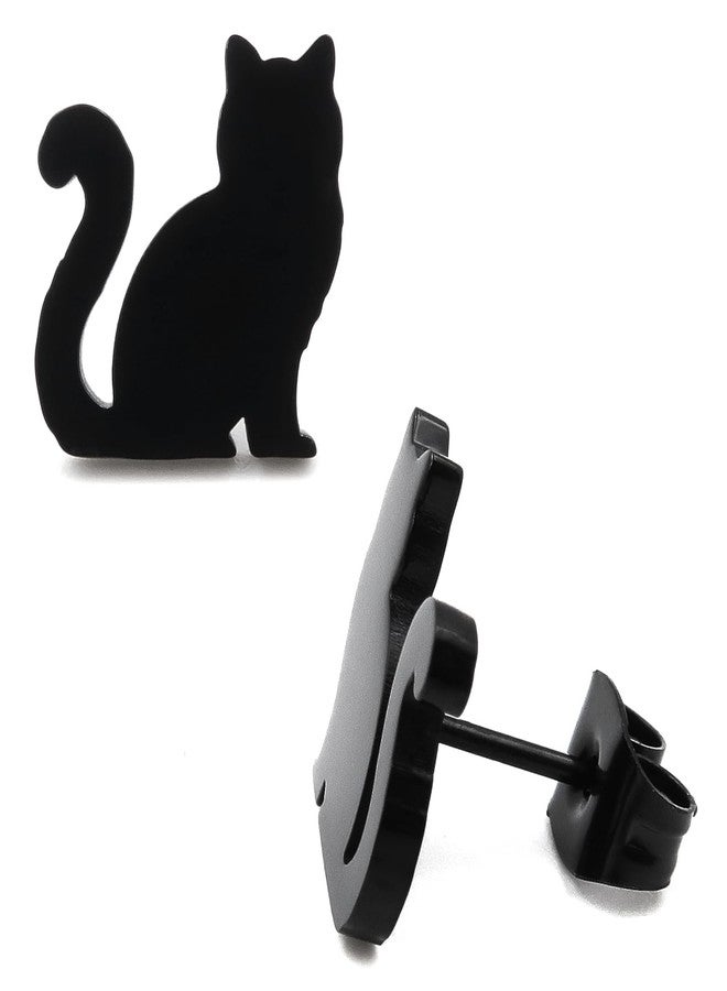 ستيل مي أب أقراط ستيل مي أب سوداء مطلية بالفولاذ المقاوم للصدأ بتصميم قطة - تصميم قطة سمينة جالسة لطيفة للنساء - مجوهرات لمحبي الحيوانات - نمط مسمار - Image 1