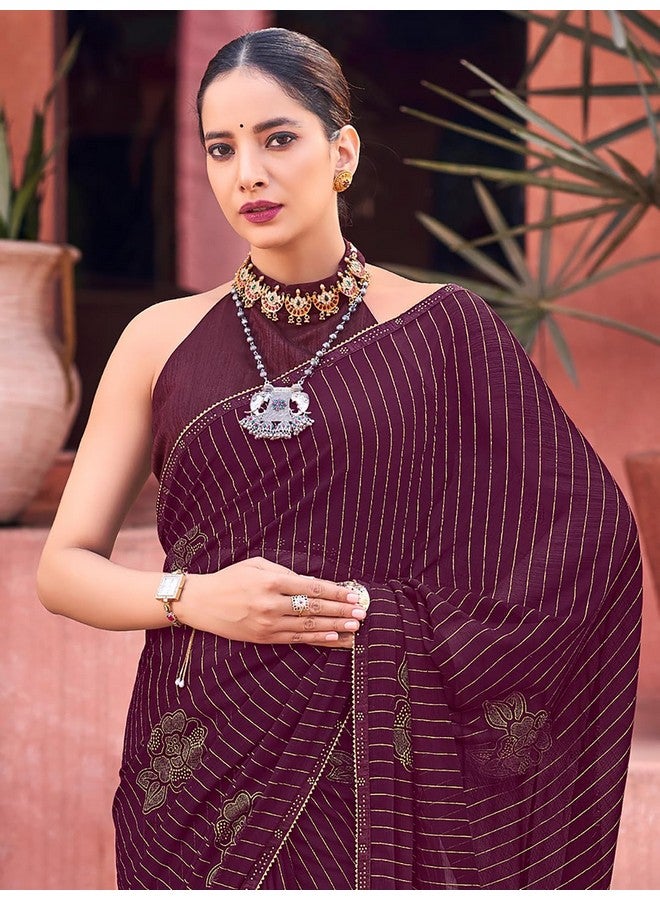 saree mall ساري مول ساري مطبوع مخطط باللون الأرجواني من جورجيت للنساء مع بلوزة غير مخيطة (JALEBI81308_GIF) - Image 2