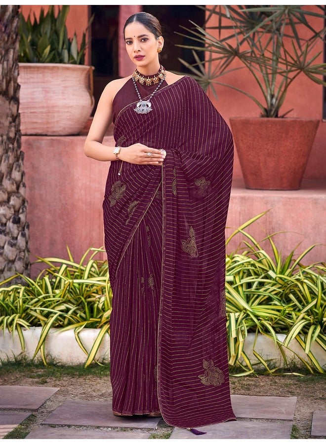 saree mall ساري مول ساري مطبوع مخطط باللون الأرجواني من جورجيت للنساء مع بلوزة غير مخيطة (JALEBI81308_GIF) - Image 3