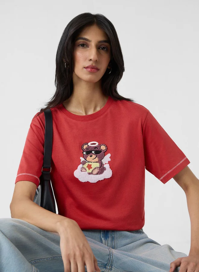 The Souled Store Women's Relaxed Fit Printed Red T-Shirt with Bear Design