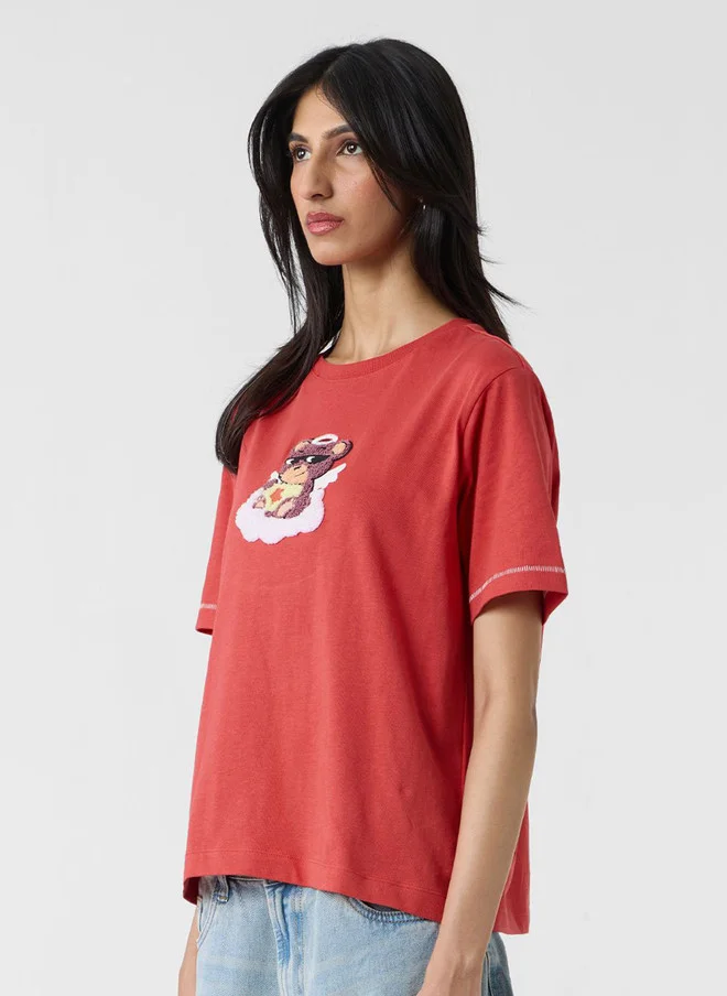 The Souled Store  The Souled Store Women's Relaxed Fit Printed Red T-Shirt with Bear Design  | Best Price UAE