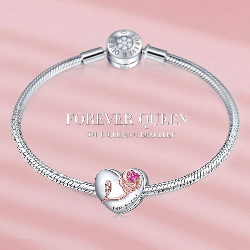 Forever Queen 925 Sterling Silver Heart Love with 3D Rose Flower Charms Beads for Bracelets Necklaces Wedding Valentine's Day Mother's Day Christmas Gift Jewelry for Wife Mom Sister Family Best Friends - Image 3