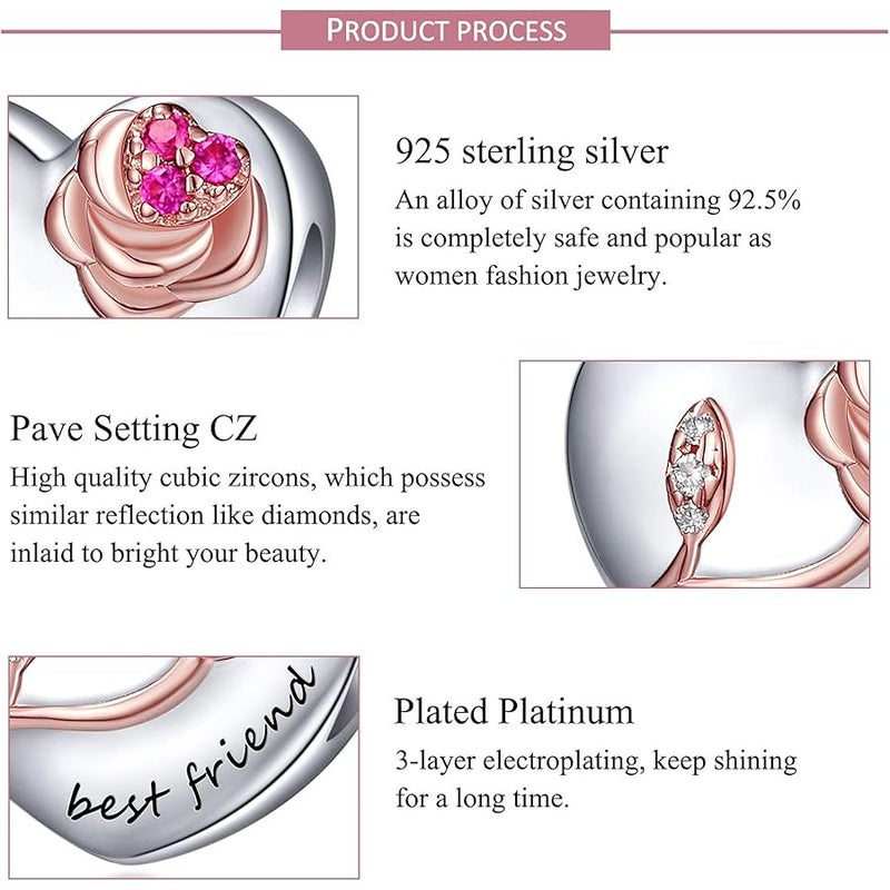 Forever Queen 925 Sterling Silver Heart Love with 3D Rose Flower Charms Beads for Bracelets Necklaces Wedding Valentine's Day Mother's Day Christmas Gift Jewelry for Wife Mom Sister Family Best Friends - Image 2