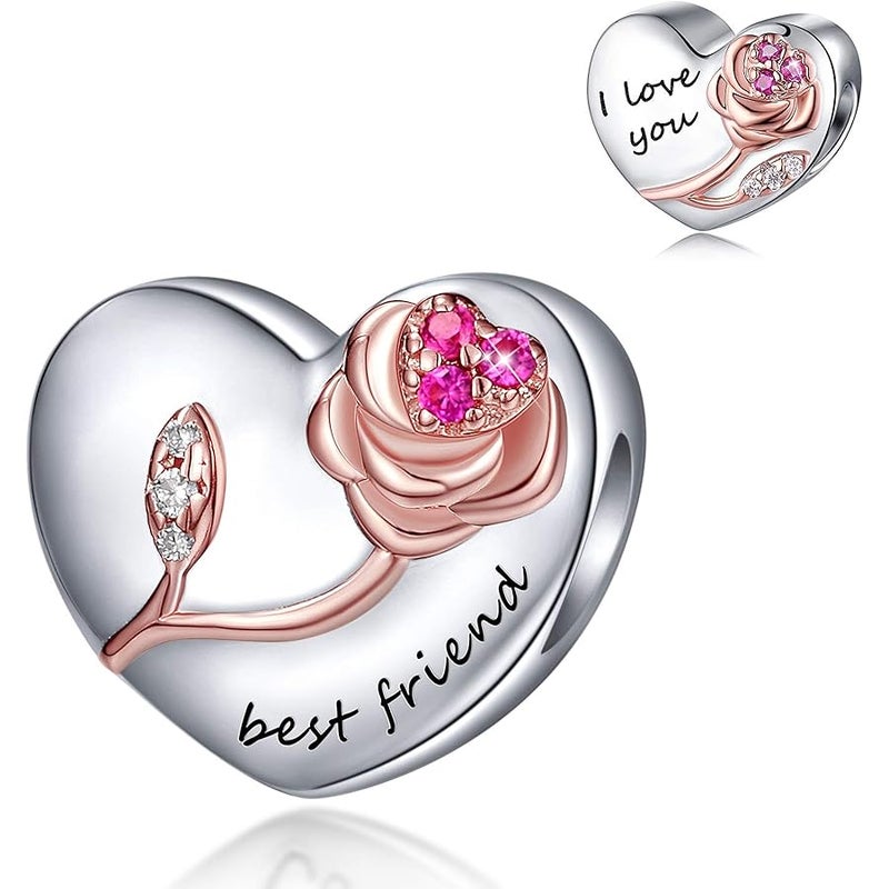 Forever Queen 925 Sterling Silver Heart Love with 3D Rose Flower Charms Beads for Bracelets Necklaces Wedding Valentine's Day Mother's Day Christmas Gift Jewelry for Wife Mom Sister Family Best Friends - Image 1