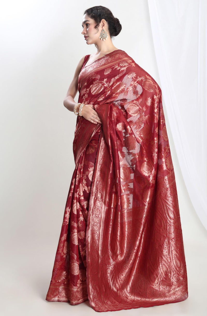 Janasya Women's Red Silk Blend Floral Woven Design Jacquard Saree with Blouse Piece - Image 5