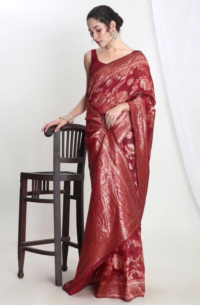 Janasya Women's Red Silk Blend Floral Woven Design Jacquard Saree with Blouse Piece - Image 3