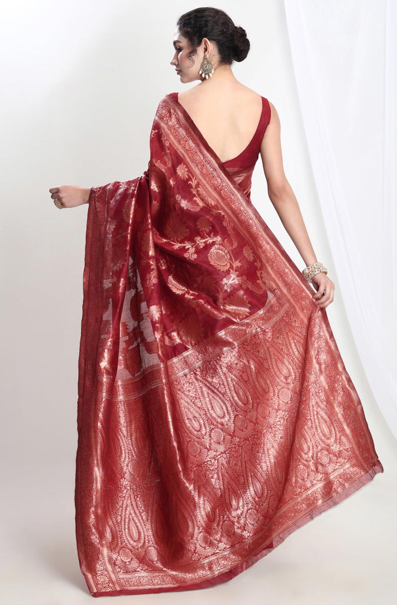 Janasya Women's Red Silk Blend Floral Woven Design Jacquard Saree with Blouse Piece - Image 4