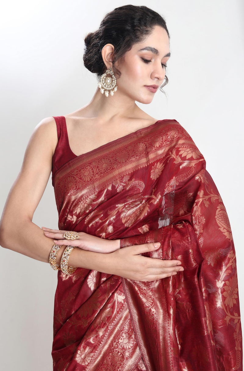 Janasya Women's Red Silk Blend Floral Woven Design Jacquard Saree with Blouse Piece - Image 2