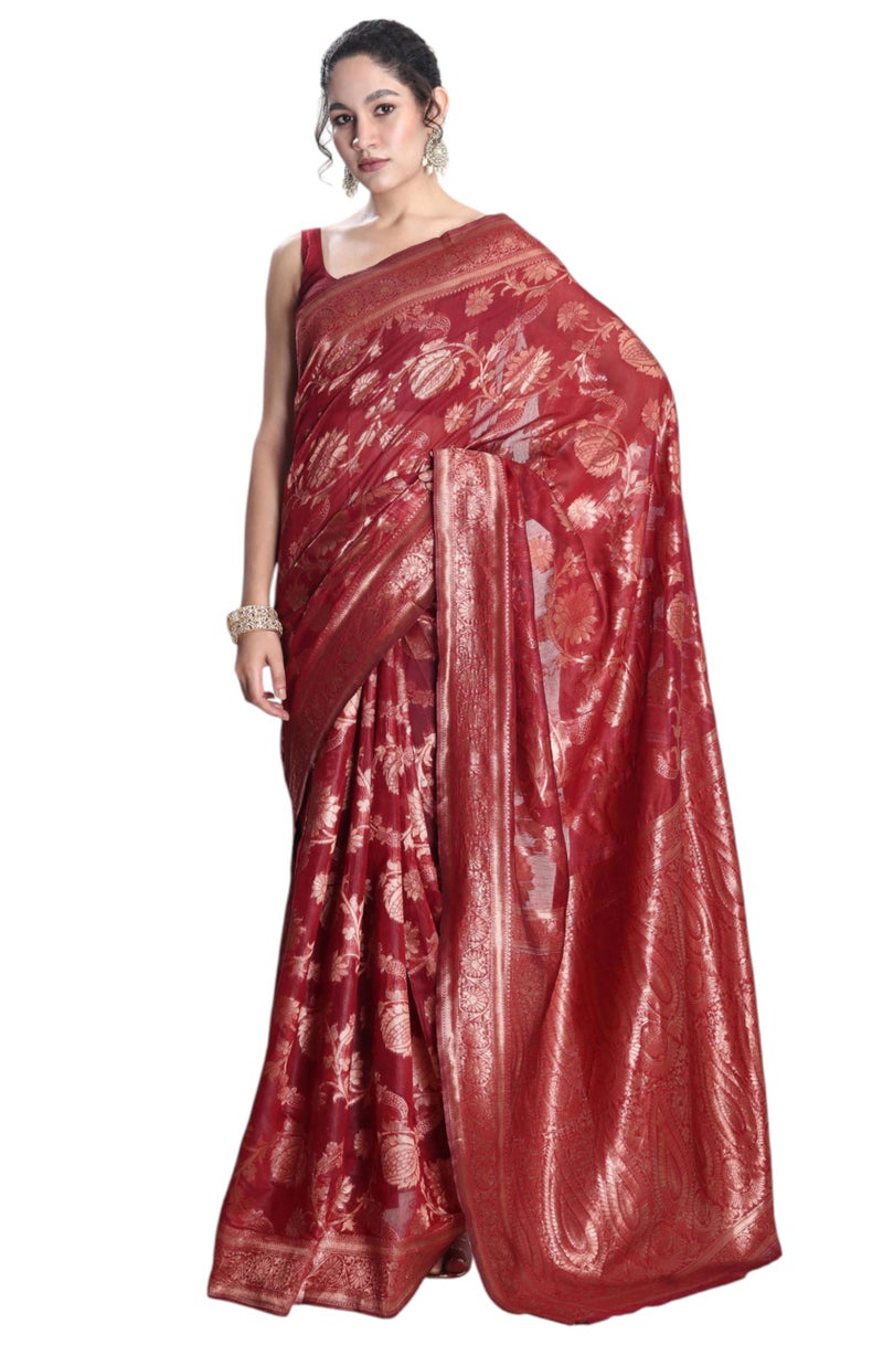 Janasya Women's Red Silk Blend Floral Woven Design Jacquard Saree with Blouse Piece - Image 1
