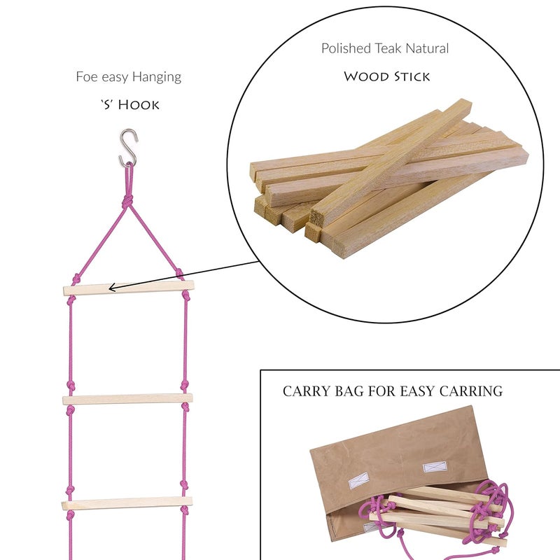 BOFFLE Rope Ladder| Climbing Stairs for Kids | Wooden Scales for Kids for Physical Activity | Indoor Outdoor Games for Kids 3 to 10 Years (Pink) - Image 2
