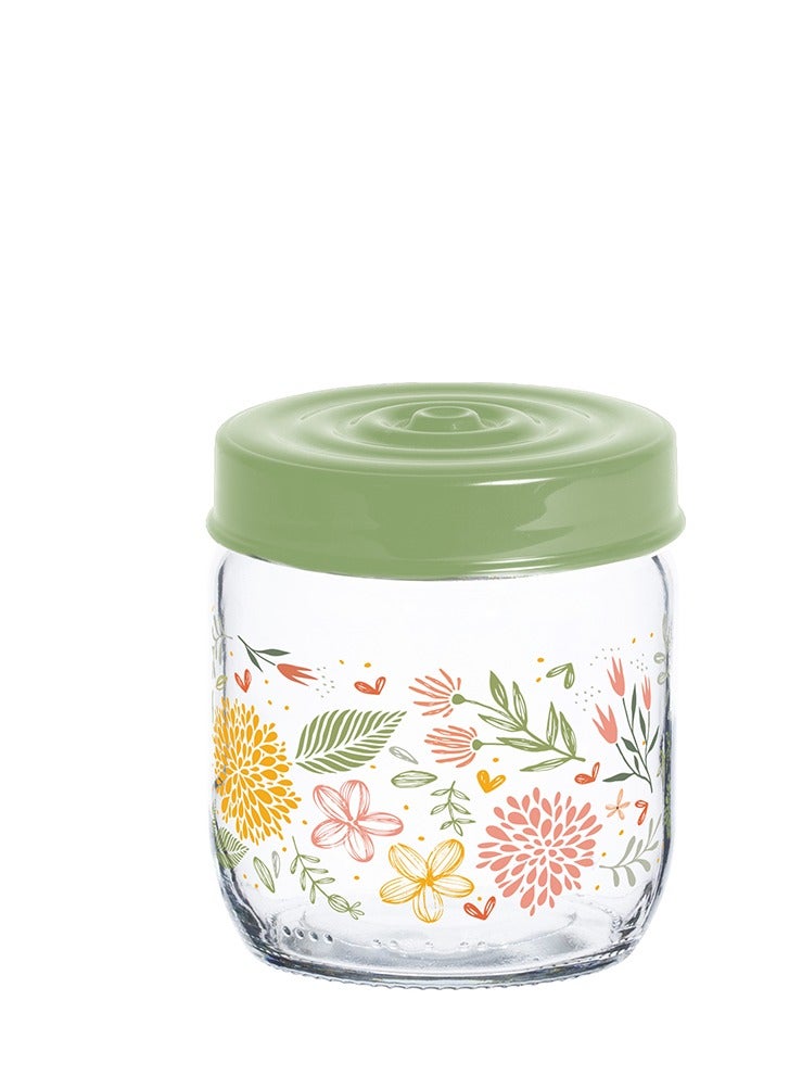 Herevin 425ml Glass Spice Jar with Decorative PP Green Lid Botanic, Transparent - Image 1