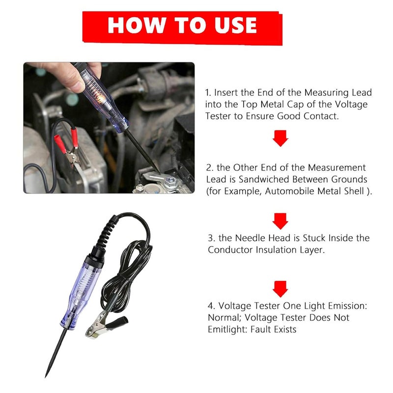Voleleo Test Light Automotive,Circuit Tester 6V-12V-24V Car Electrical Pen with Alligator Clip Long Stainless Probe,Dual Color Continuity Voltage Fuse Polarity Indicator for Sedan, SUV,RV and Truck - Image 3