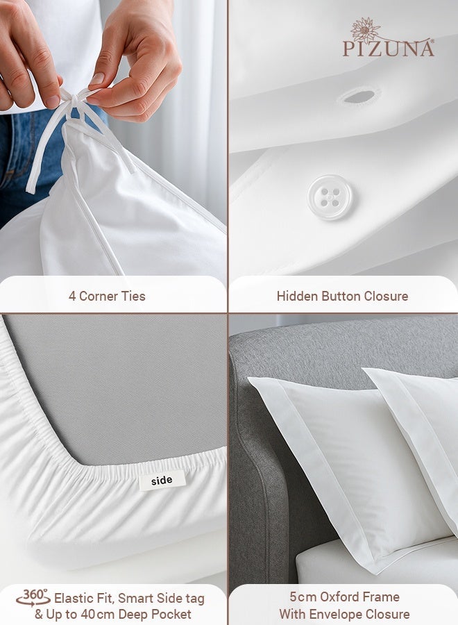 Pizuna Pure 100% Cotton GCC King Size Duvet Cover Set with Fitted Bed Sheet White, 400 Thread Count Long Staple Cotton Bedding Set, Soft Sateen Weave Comforter Set & 40 cm Deep Fitted Sheets - Image 4