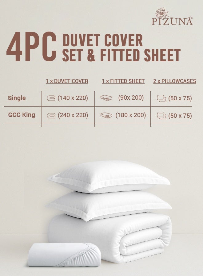 Pizuna Pure 100% Cotton GCC King Size Duvet Cover Set with Fitted Bed Sheet White, 400 Thread Count Long Staple Cotton Bedding Set, Soft Sateen Weave Comforter Set & 40 cm Deep Fitted Sheets - Image 3