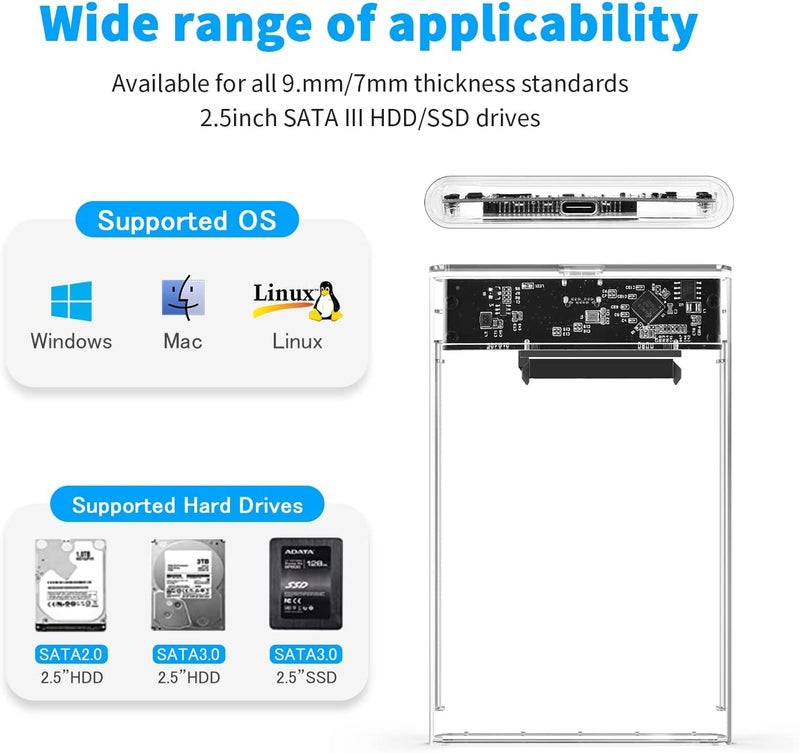 SmartTech 2.5 inch Sata HDD / SSD Hard Drive Enclosure USB 3.1 with Type C OTG Cable Internal Hard Disk Drive Case for External Portable Transparent Casing Computer Laptop (2.5- USB 3.1) - Image 4
