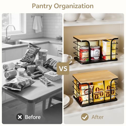 Stylstoreazy 2 Pack Potato and Onion Storage Bin,Stackable Pantry Organizers and Storage with PP Liner and Bamboo Top,Kitchen Storage Organization Counter Basket for Fruits,Produce,Vegetable, Black - Image 4